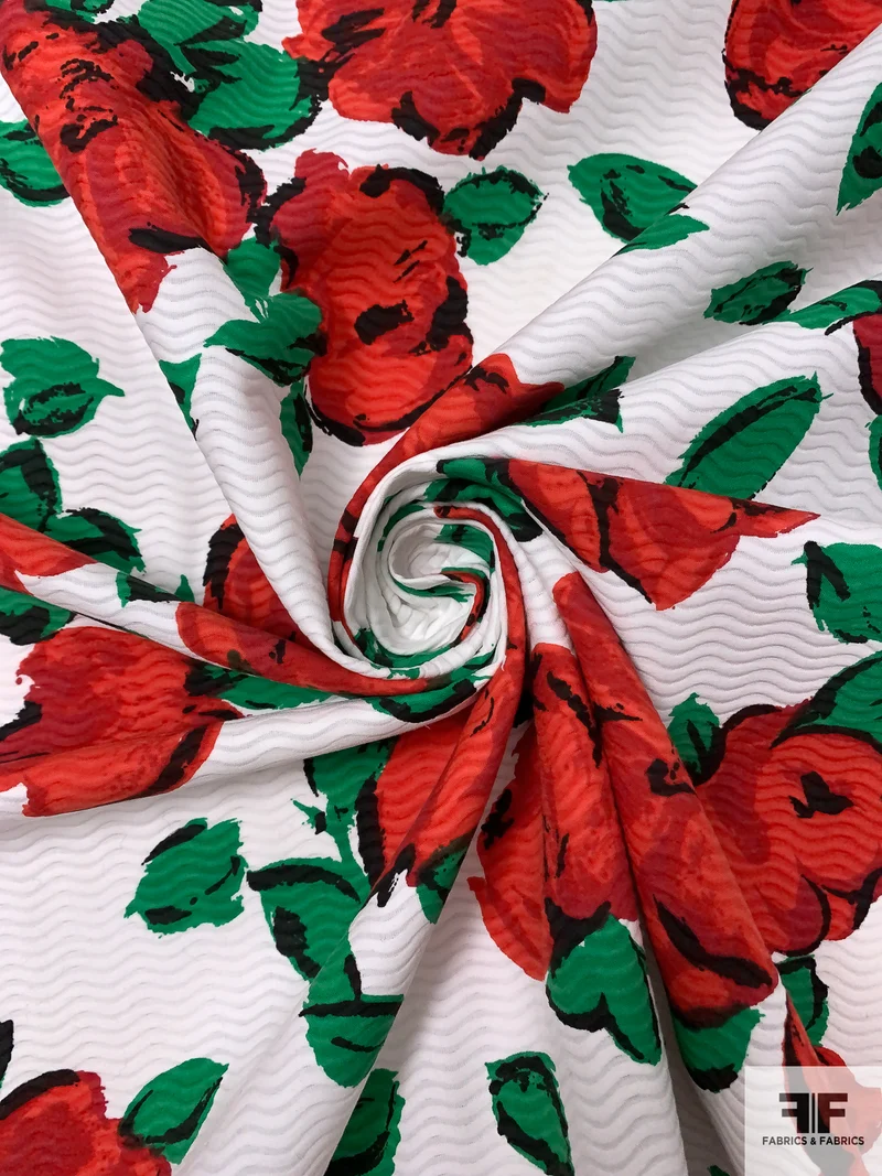Italian Painterly Floral Printed Novelty Cotton Pique - Red / Green / White / Black