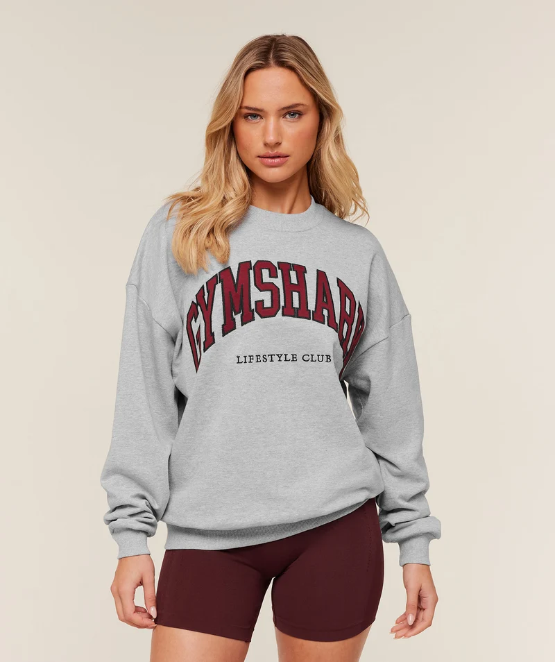 Gymshark Collegiate Graphic Crew Neck Pullover - Light Grey Core Marl/Sets Red