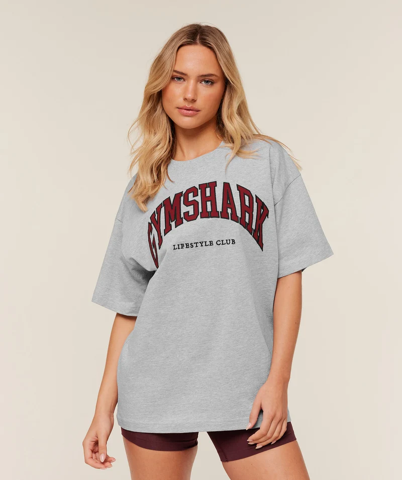 Gymshark Collegiate Graphic T-Shirt - Light Grey Core Marl/Sets Red