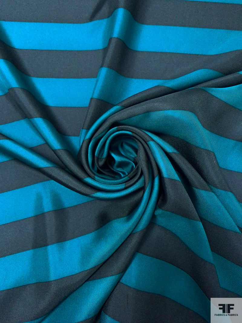 Horizontal Striped Printed Fine Silk Twill - Teal / Navy