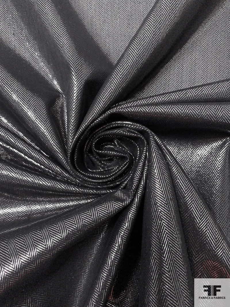 Italian Foil Printed Herringbone Stretch Cotton Blend - Black / Silver