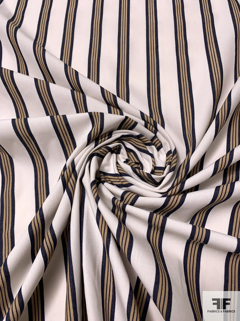 Made in Japan Vertical Striped Fine Twill Cotton Shirting - Light Ivory / Navy / Tan