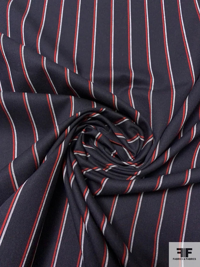 Made in Japan Vertical Striped Fine Twill Cotton Shirting - Black / Red / Off-White