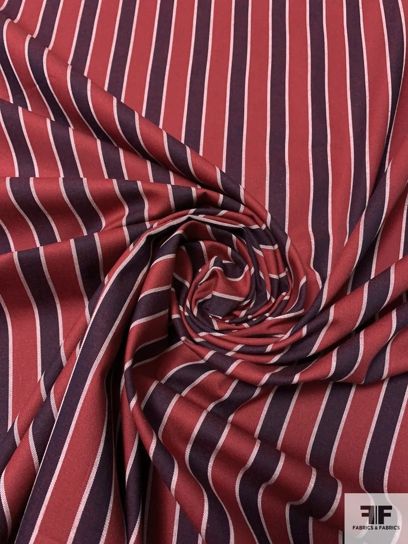 Made in Japan Vertical Striped Fine Twill Cotton Shirting - Maroon / Navy / Off-White