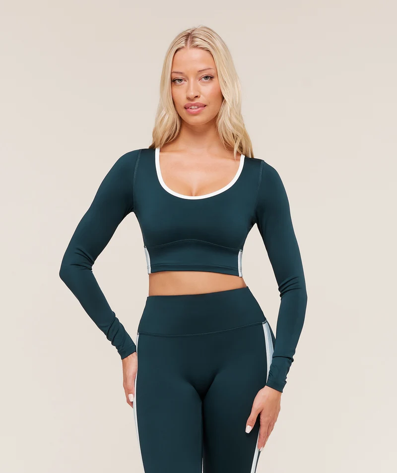 Gymshark Piping Long Sleeve Crop Top - Deep Petrol Blue/Smoke Blue/Soft White