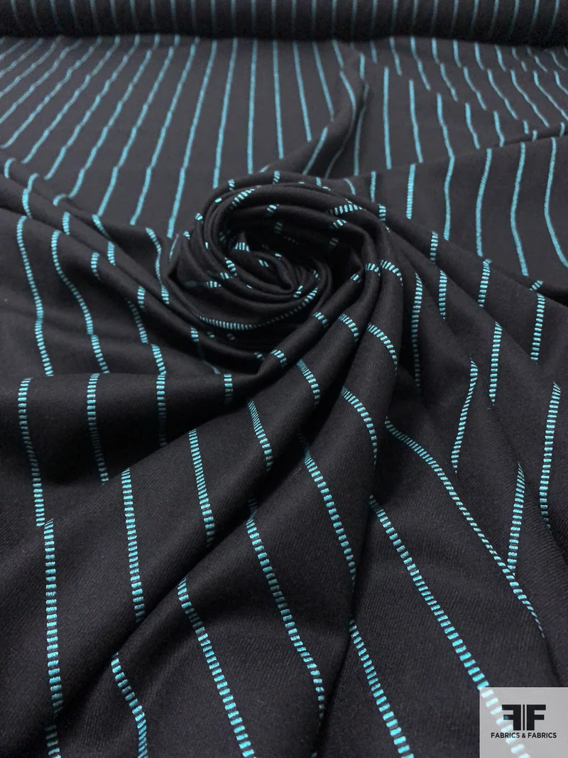 Italian Dot Striped Wool Suiting - Black / Turquoise