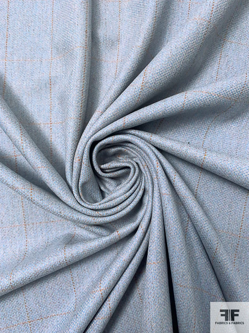 Windowpane Heavy Wool Suiting - Sky Blue / Light Grey / Saddle Brown