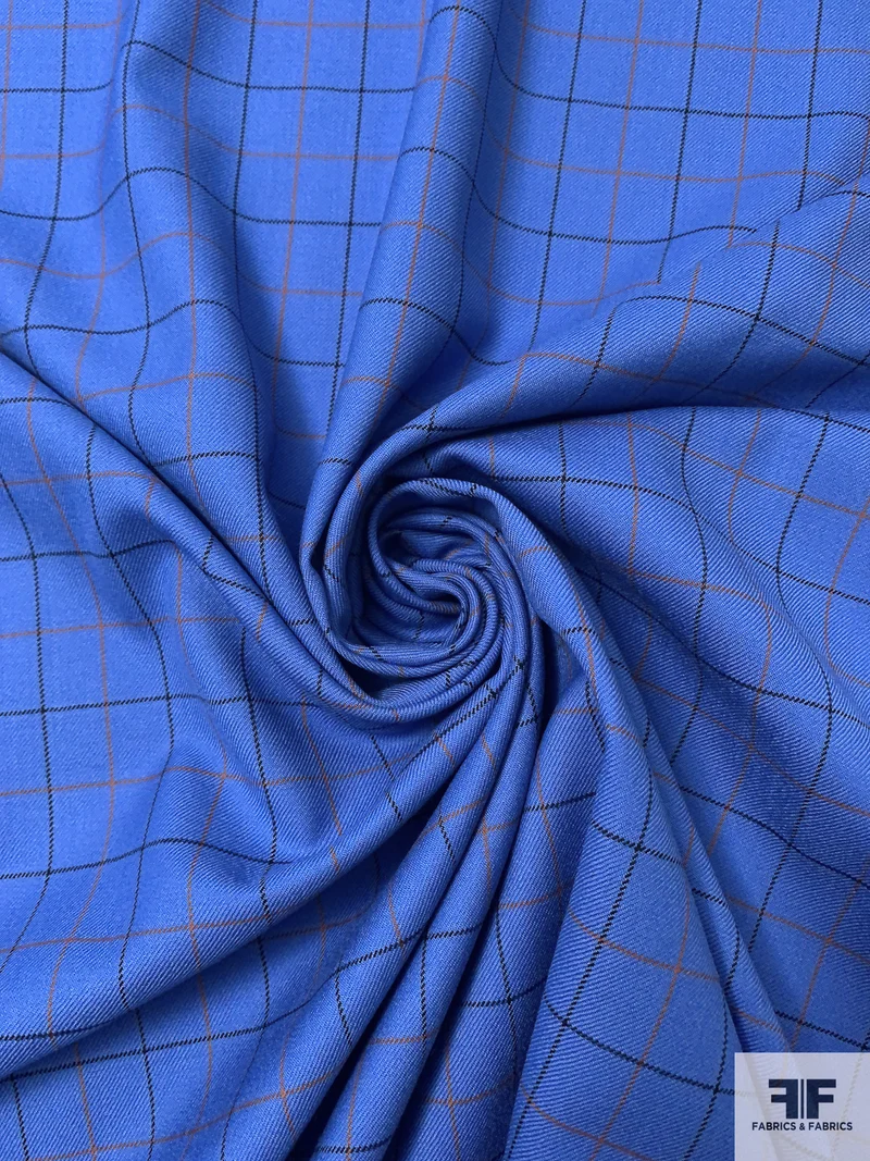 Made in England Small Windowpane Gabardine Wool Suiting - True Blue / Burnt Orange / Black