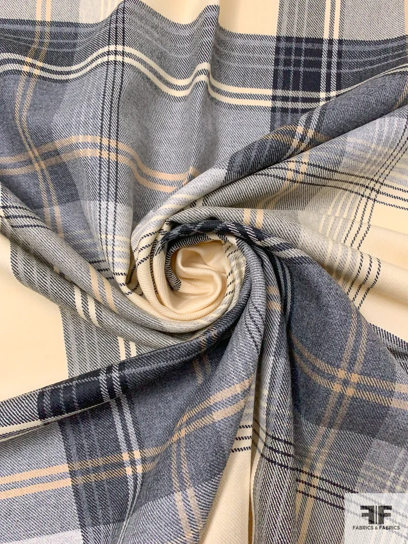 Italian Plaid Flannel Wool Suiting - Cream / Black / Black
