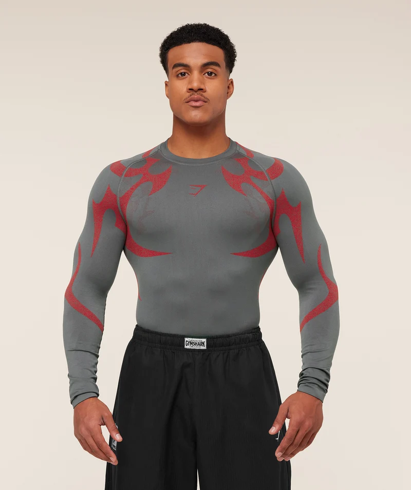 Gymshark Storm Seamless Long Sleeve T-Shirt - Dark Grey/Zesty Red