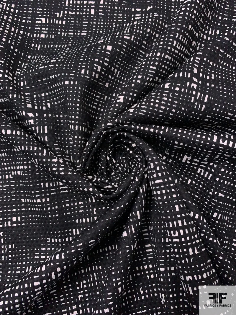 Italian Graphic Web Printed Textured Cotton Pique - Black / Off-White