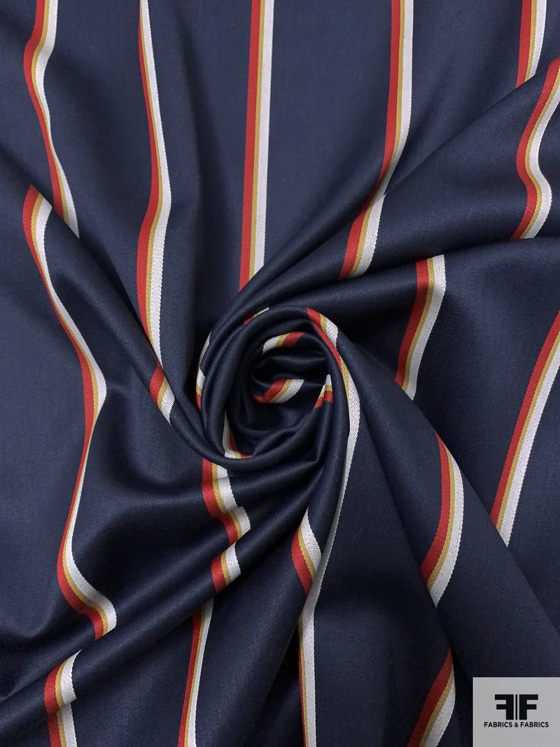 Italian Vertical Striped Sateen-Finish Wool Gabardine - Navy / Red / Mustard / White