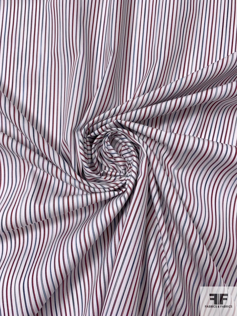Italian Vertical Striped Yarn-Dyed Cotton Shirting - Maroon / White / Blue