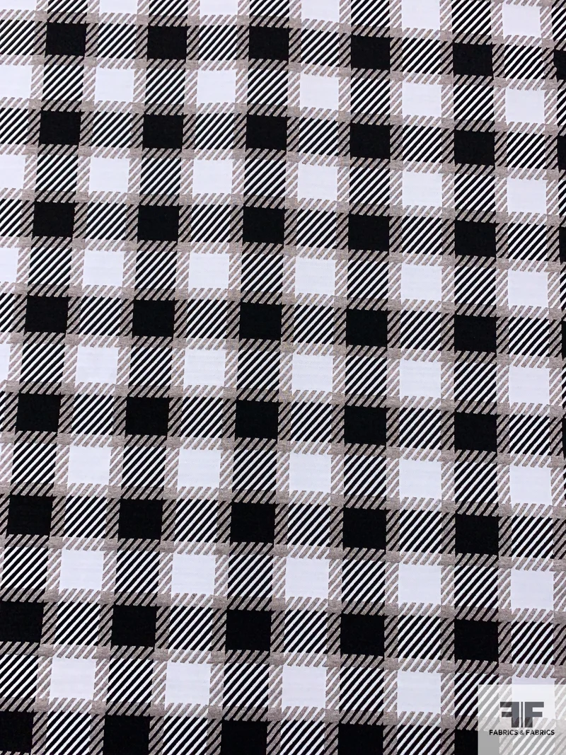 Gingham Plaid Heavy Stretch Polyester Knit - Black / White / Taupe