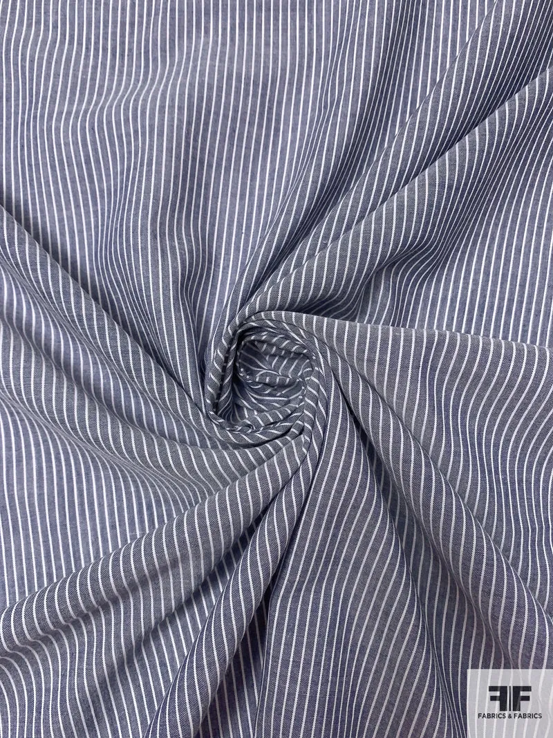 Vertical Striped Fine Cotton Shirting - Denim Blue / White
