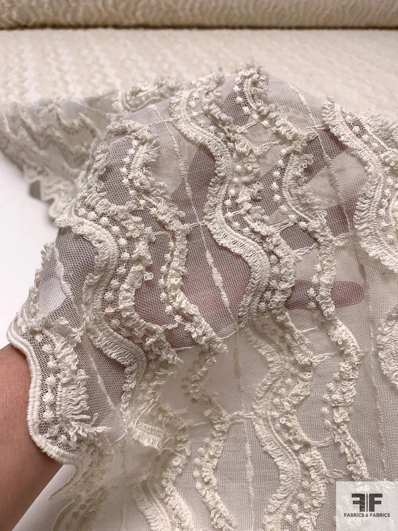 Wavy Lines Textured Embroidered Novelty Cotton Gauze - Light Cream