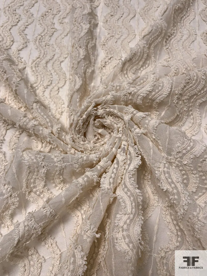 Wavy Lines Textured Embroidered Novelty Cotton Gauze - Light Cream