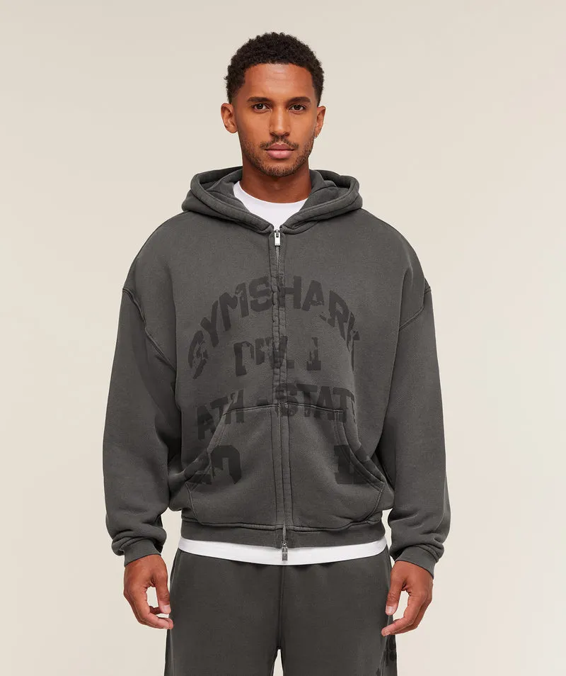 Gymshark Collegiate Washed Zip Up Hoodie - Asphalt Grey
