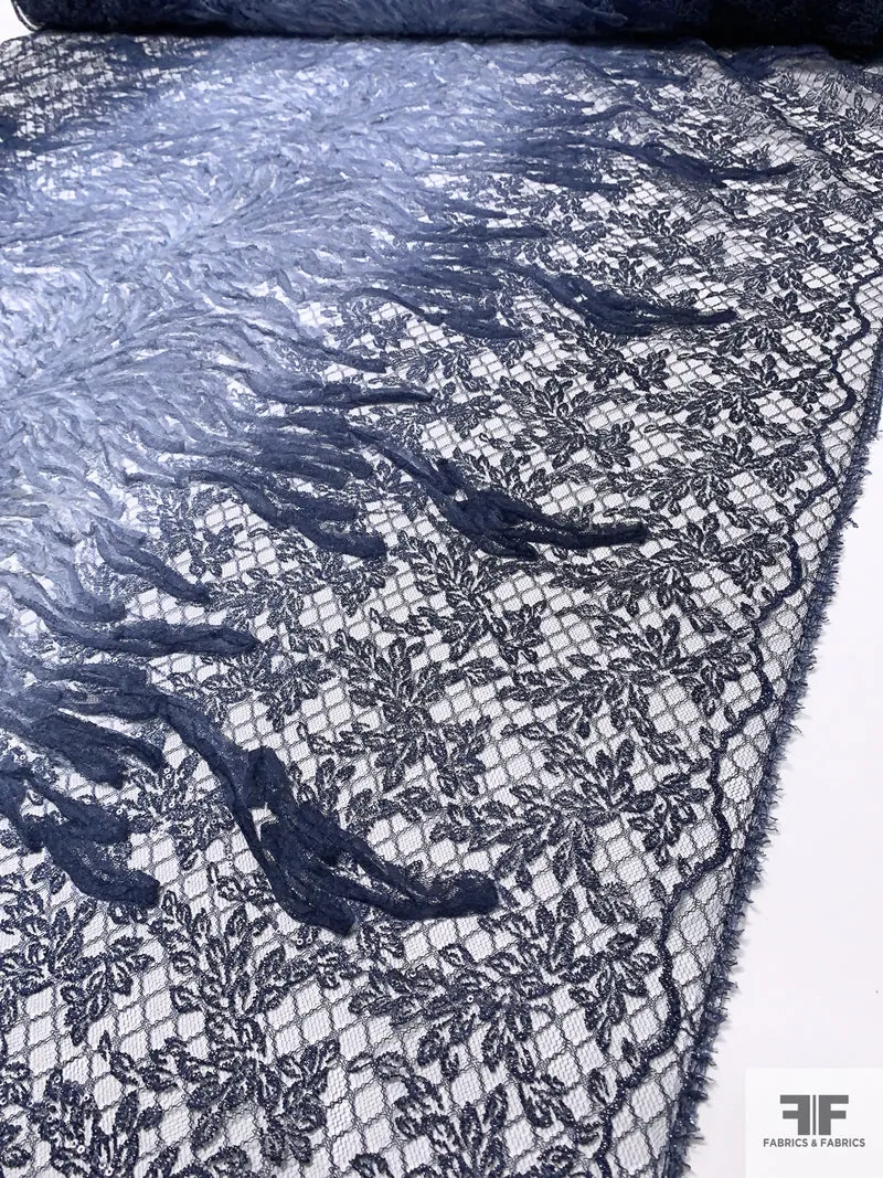 Novelty Embroidered Mesh-Tulle with Lurex Fibers, Sequins and Ribbon Work - Shades of Blue / Silver / White