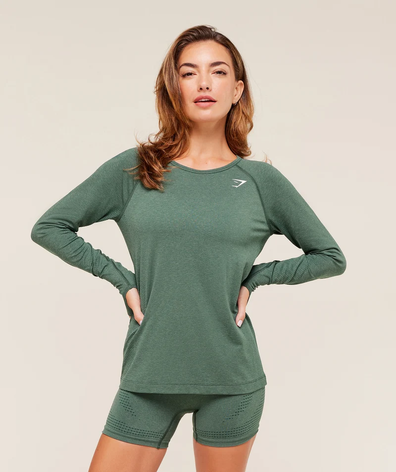 Gymshark Vital Seamless 2.0 Light Long Sleeve Top - Obsidian Green Marl