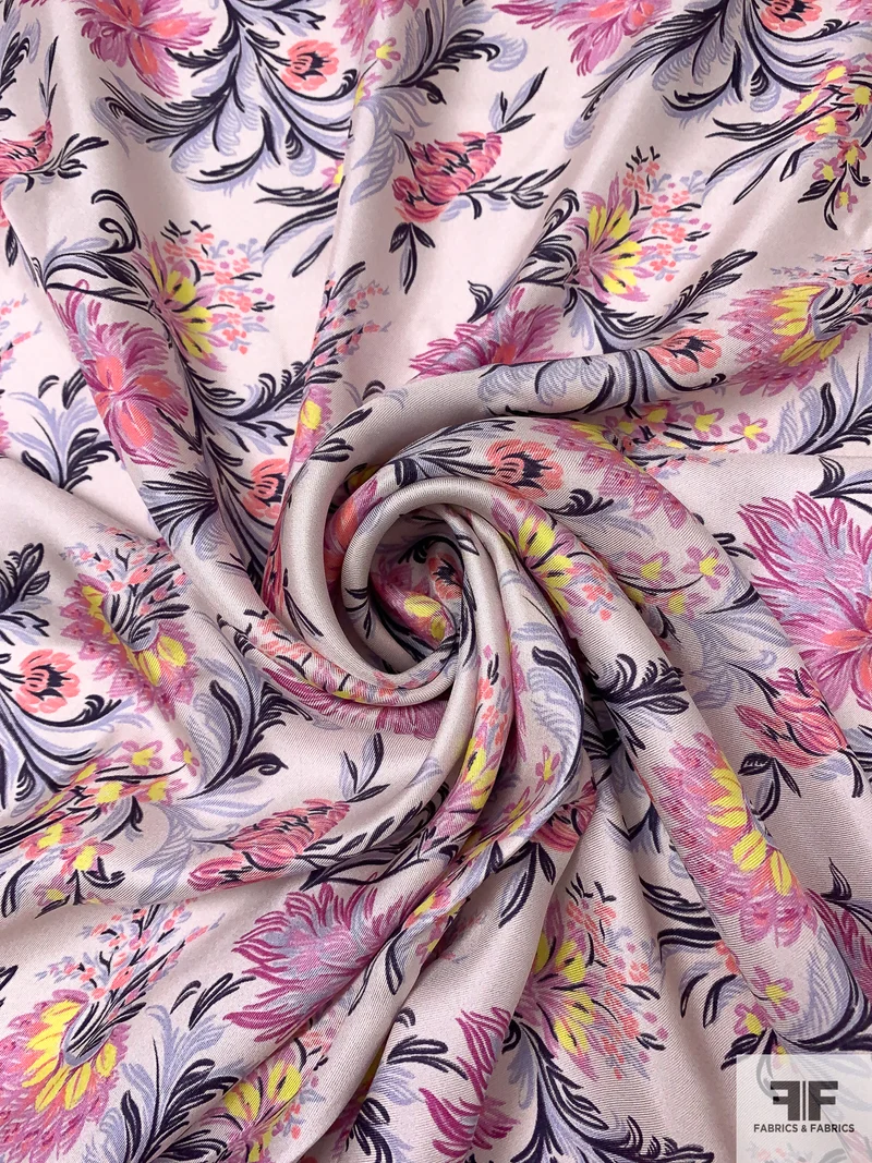 Lush Floral Printed Fine Silk Twill - Orchid Pinks / Purples / Yellow