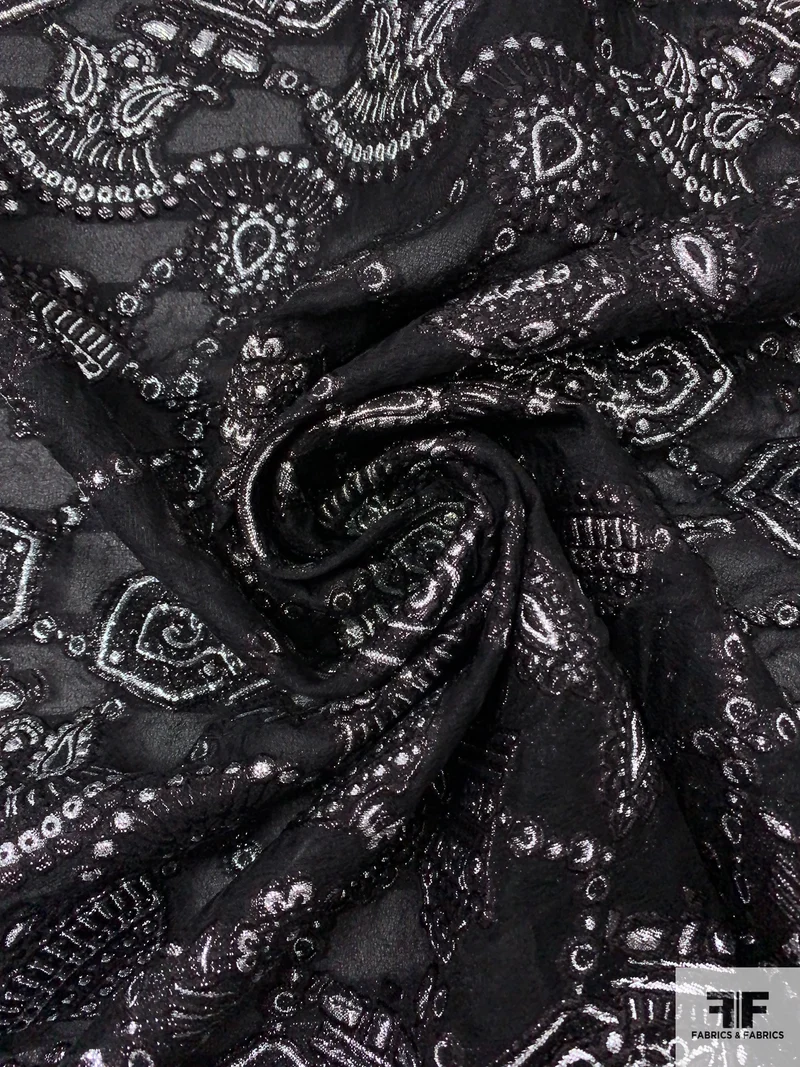 Italian Metallic Tassels Fil Coupé on Silk Blend Gauze - Black / Silver