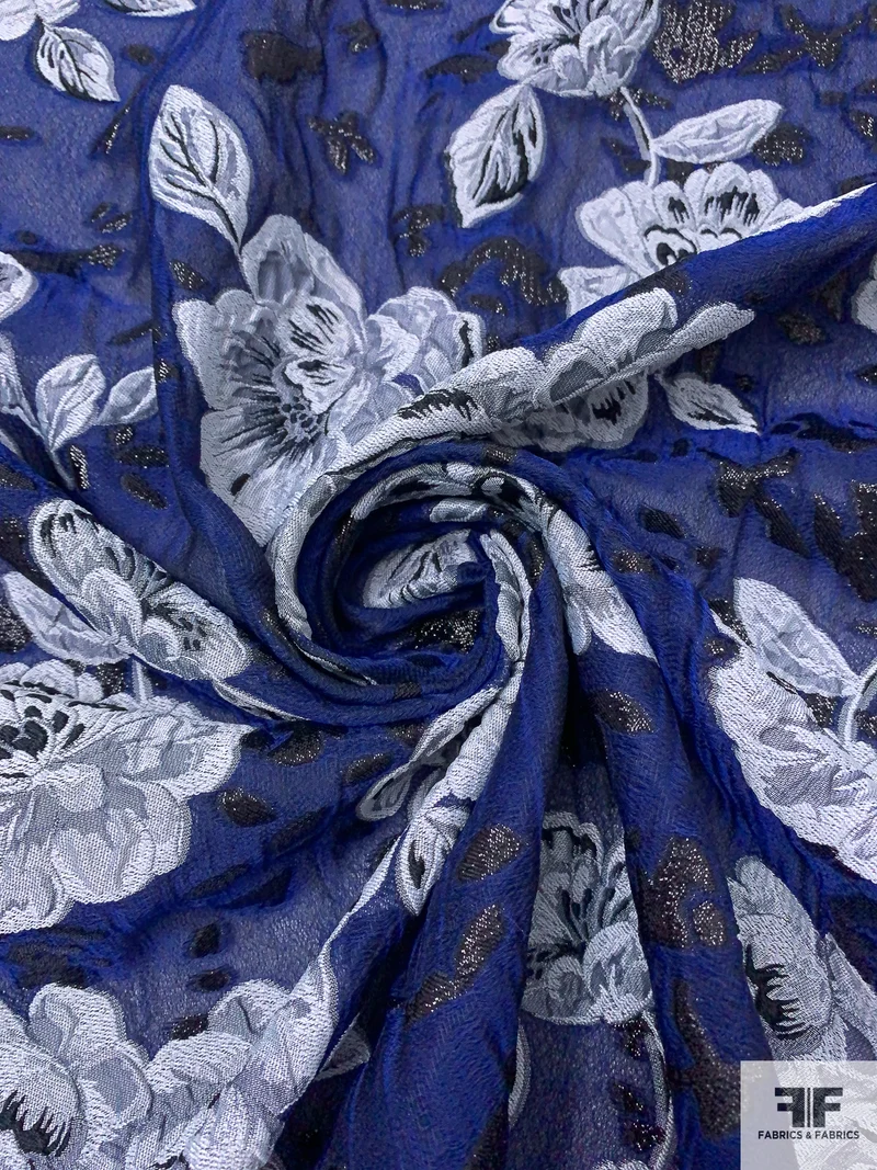 Italian Floral Fil Coupé on Silk Blend Gauze - Navy Blue / Light Grey / Black