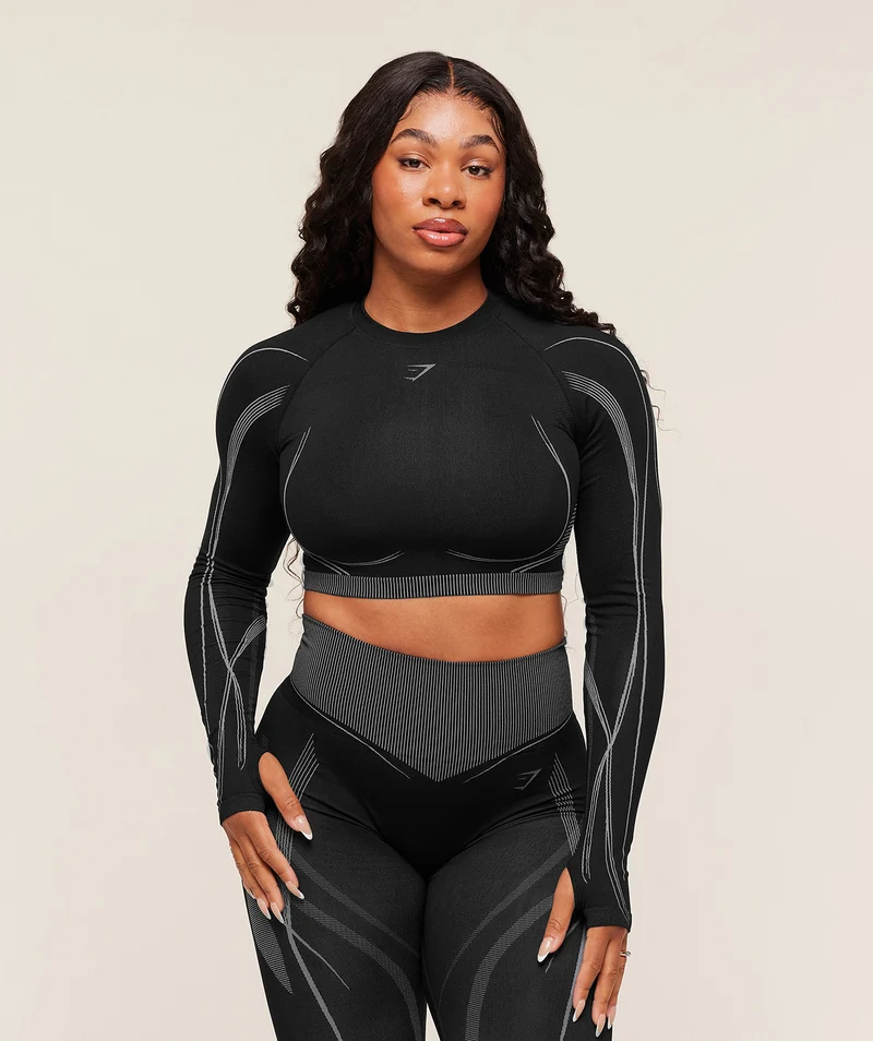 Gymshark x Analis Seamless Long Sleeve Crop Top - Black/Silver Grey