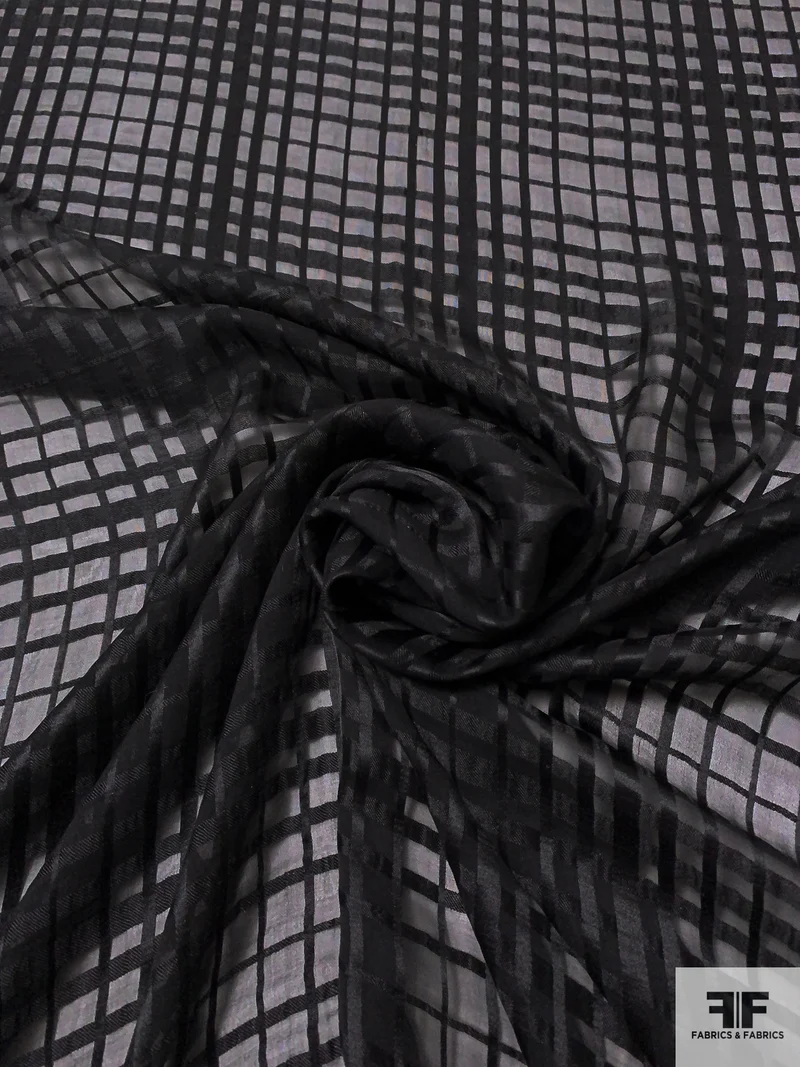 Italian Silk Chiffon with Satin Plaid Windowpane - Black