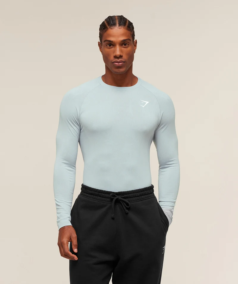 Gymshark Geo Seamless Long Sleeve T-Shirt - Smoke Blue/Soft White