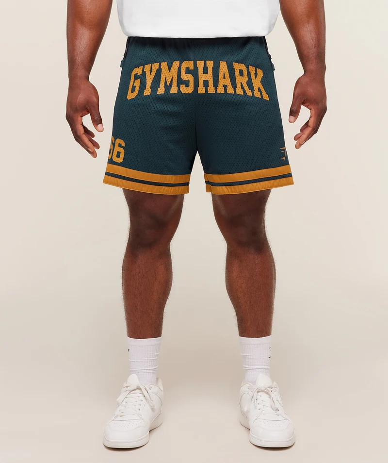 Gymshark Varsity Mesh Shorts - Deep Petrol Blue/Antique Gold