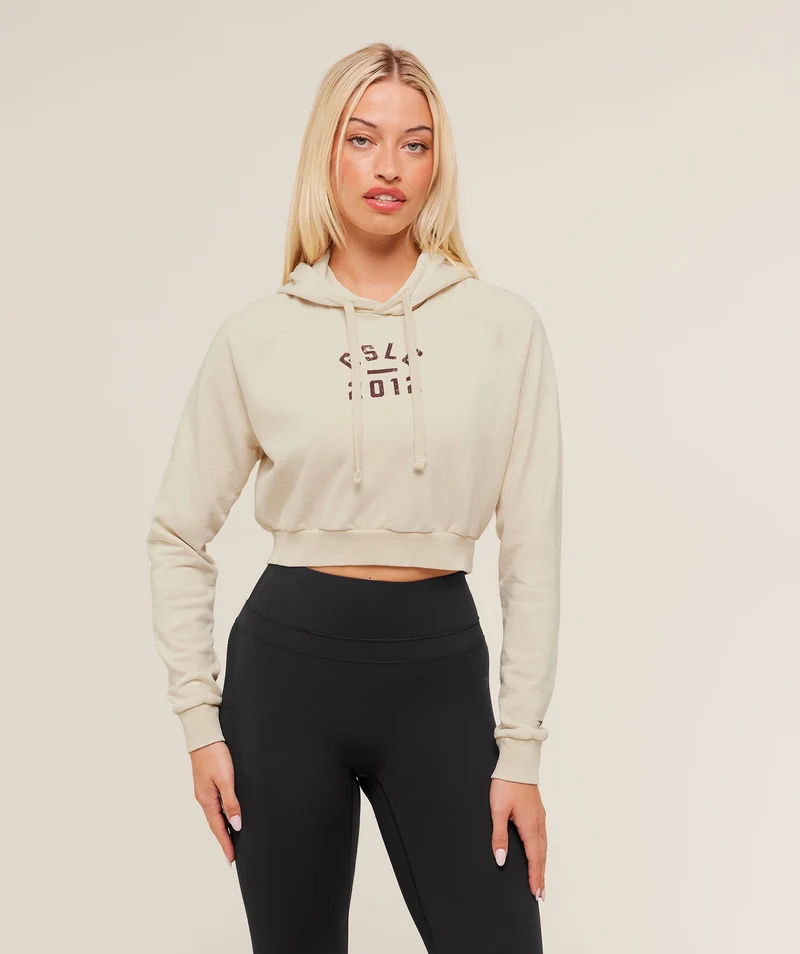 Gymshark Lifting Club 2012 Graphic Cropped Hoodie - Stone Beige/Wash
