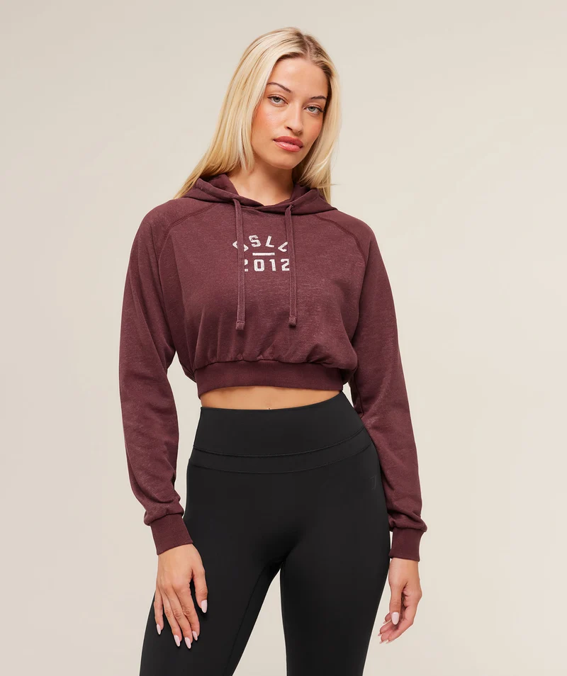Gymshark Lifting Club 2012 Graphic Cropped Hoodie - Rich Maroon/Wash