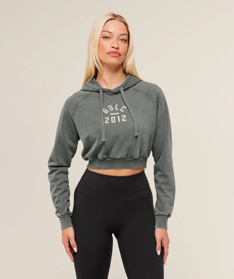 Gymshark Lifting Club 2012 Graphic Cropped Hoodie - Slate Teal/Wash