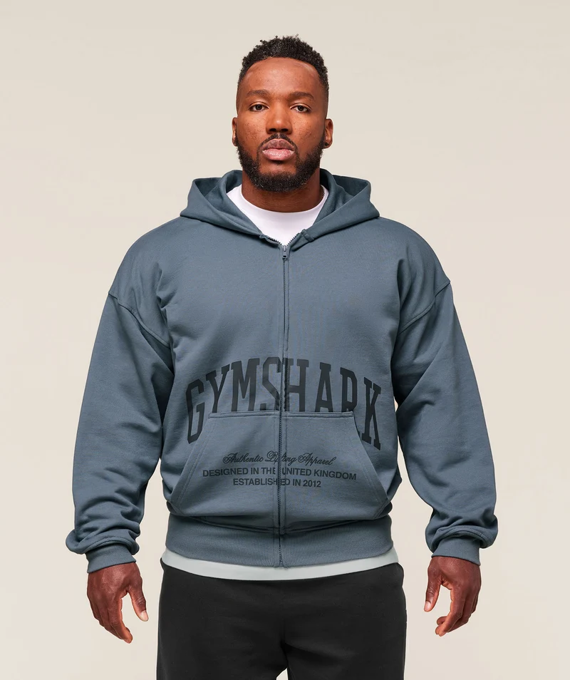 Gymshark Collegiate Script Zip Up Hoodie - Iron Blue