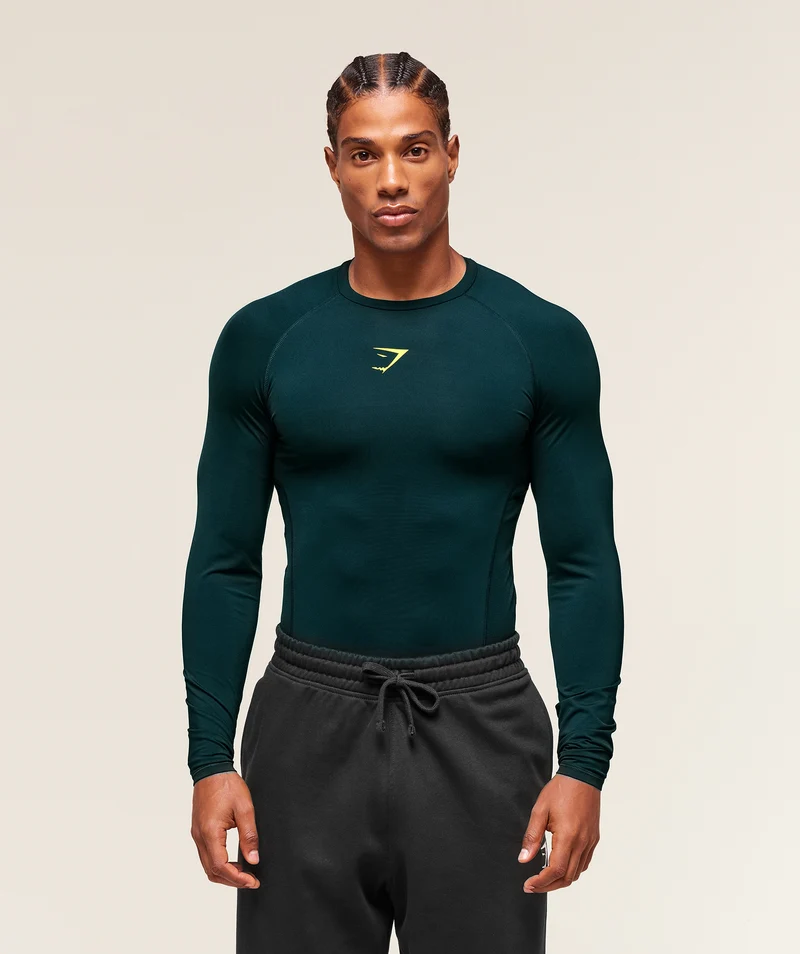 Gymshark Element Baselayer Long Sleeve T-Shirt - Deep Petrol Blue/Sorbet Yellow