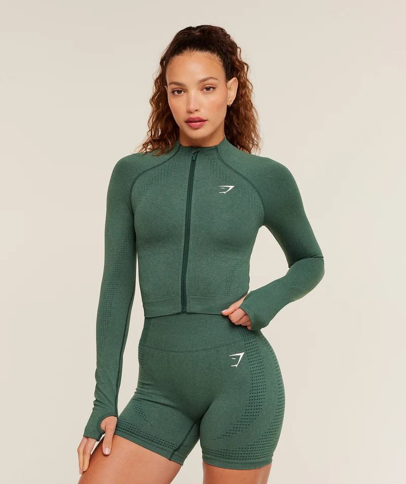 Gymshark Vital Seamless Midi Zip 2.0 Pullover - Obsidian Green Marl