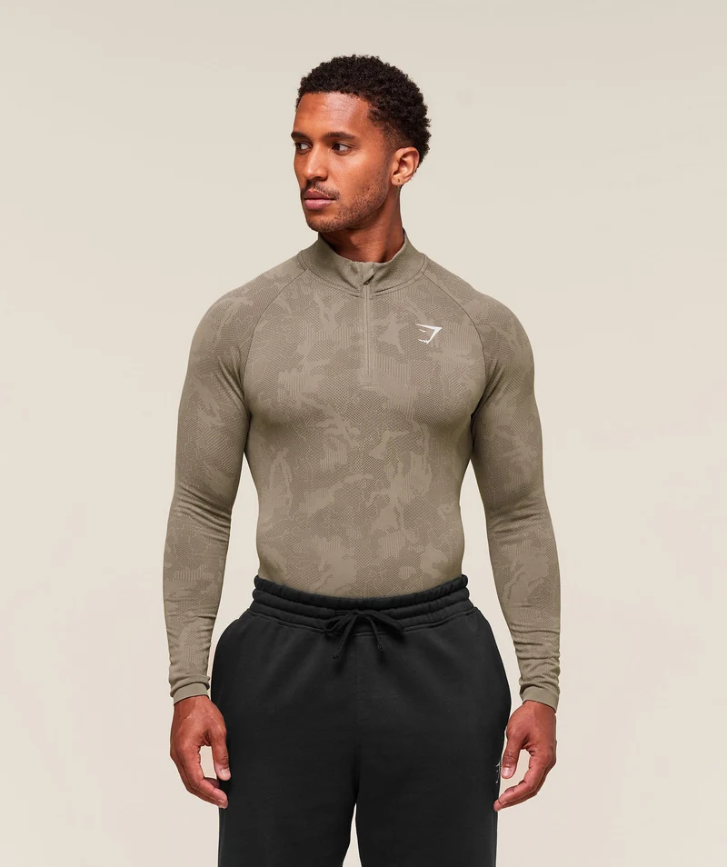 Gymshark Geo Seamless 1/4 Zip - Linen Brown/Camo Brown