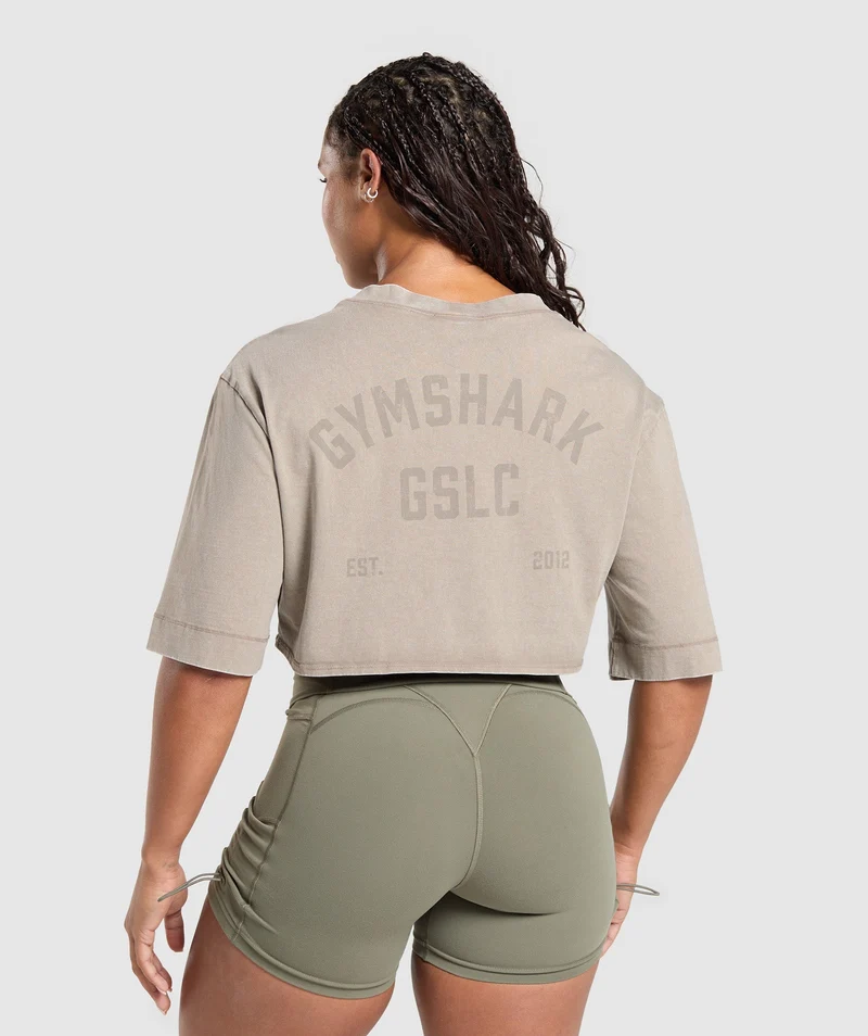 Gymshark GSLC Washed Graphic Crop Top - Linen Brown/Wash