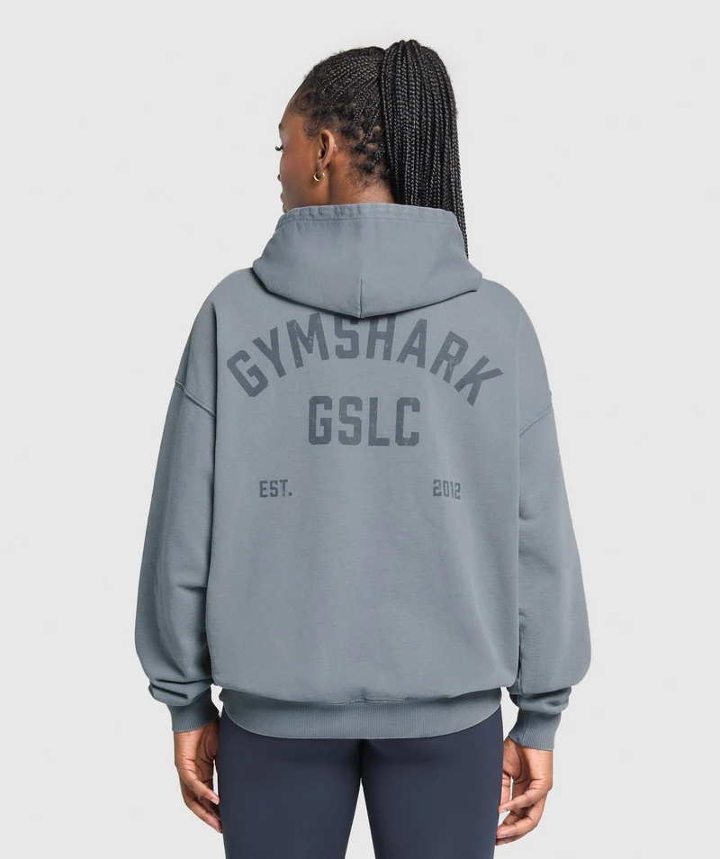 Gymshark 66 Washed Graphic Oversized Hoodie - Iron Blue/Wash