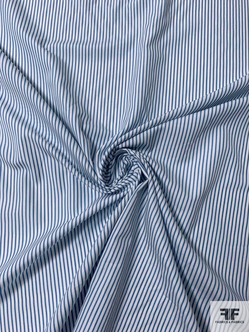 Vertical Striped Yarn-Dyed Cotton Shirting - Steel Blue / Off-White
