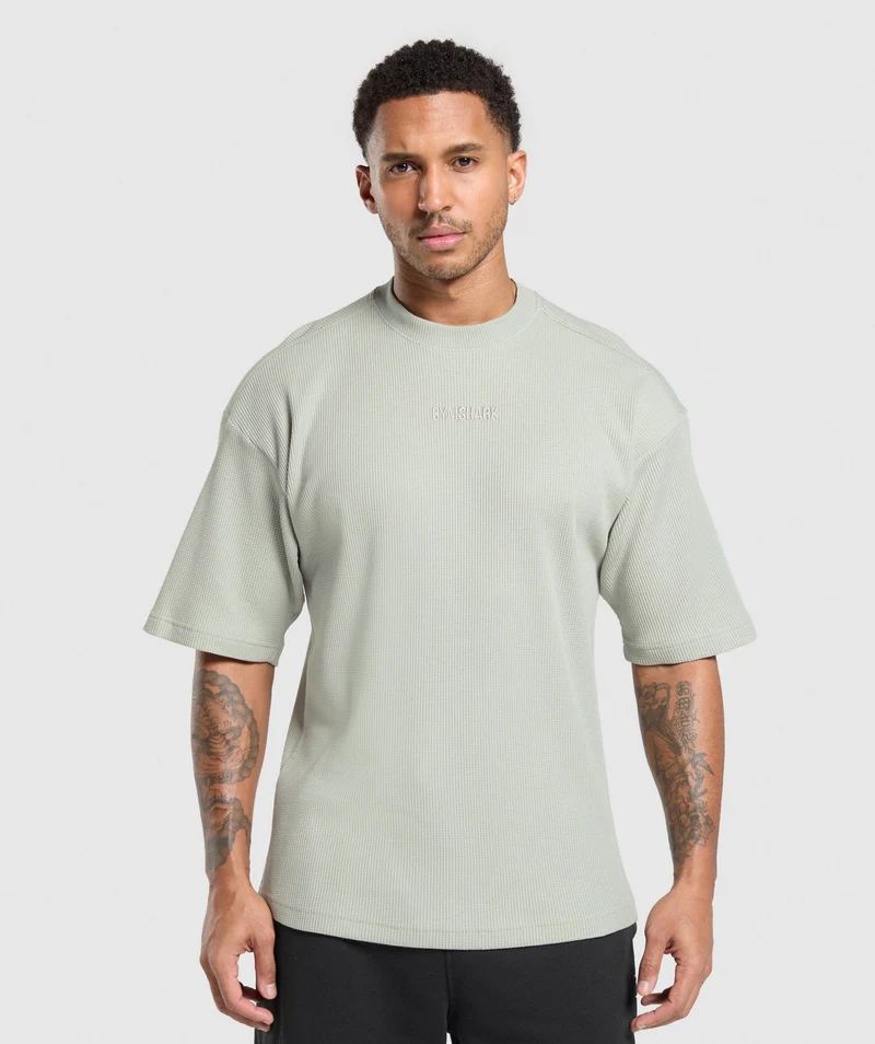 Gymshark Waffle Oversized T-Shirt - Stone Grey/Cotton Part Dye