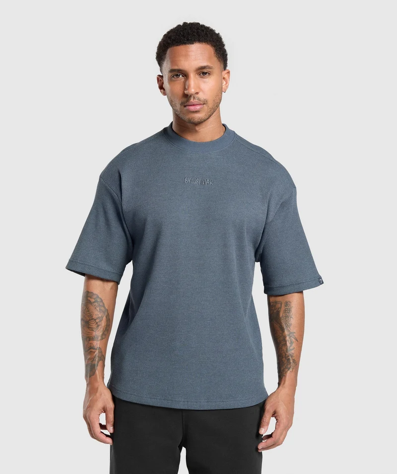 Gymshark Waffle Oversized T-Shirt - Titanium Blue/Cotton Part Dye