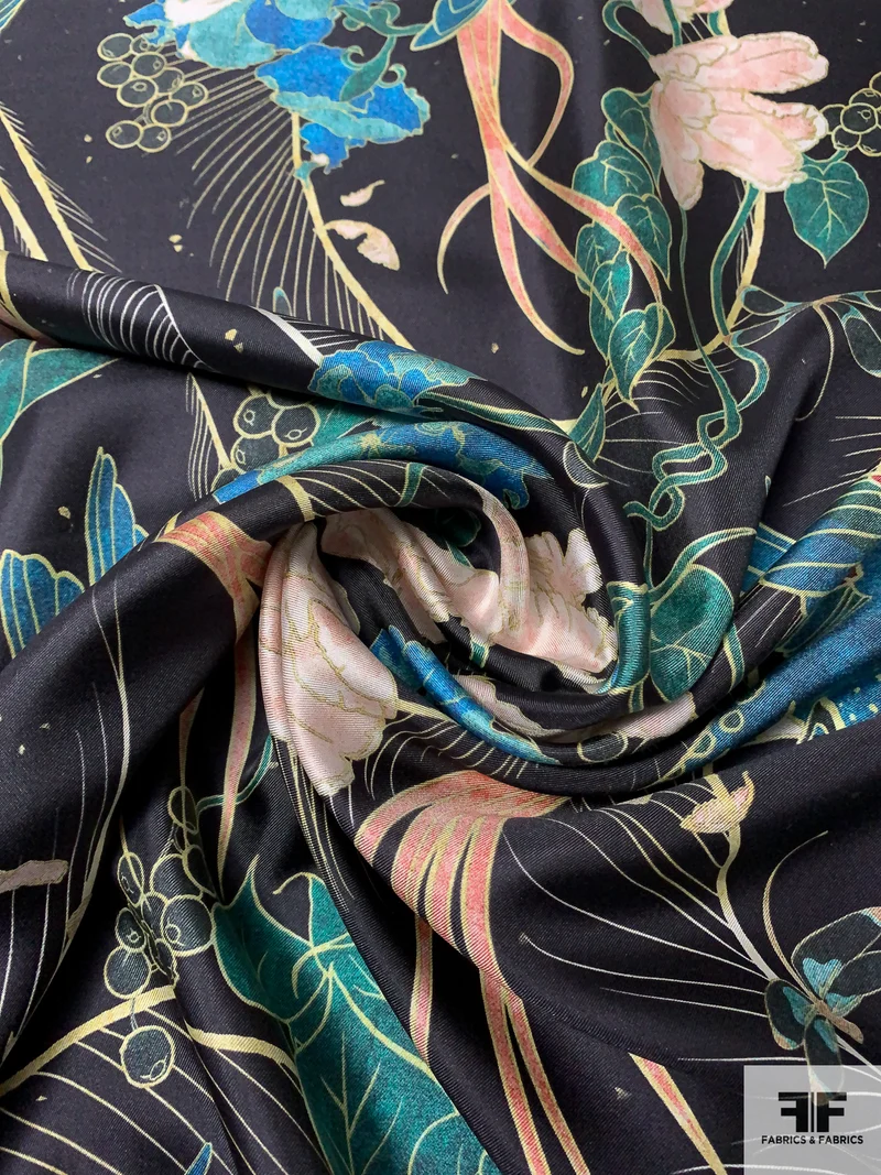 Marchesa Birds and Floral Printed Fine Silk Twill - Black / Teal / Coral / Blush