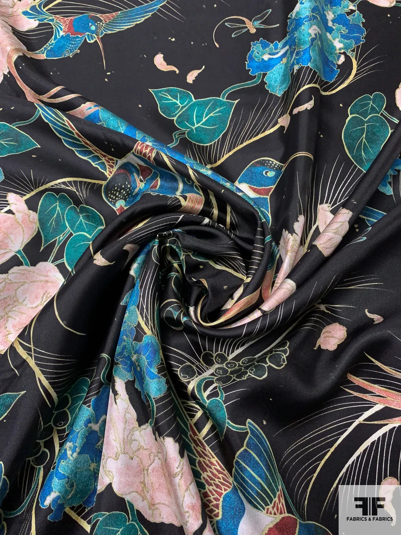 Marchesa Birds and Floral Printed Fine Silk Twill - Jet Black / Teal / Coral / Blush