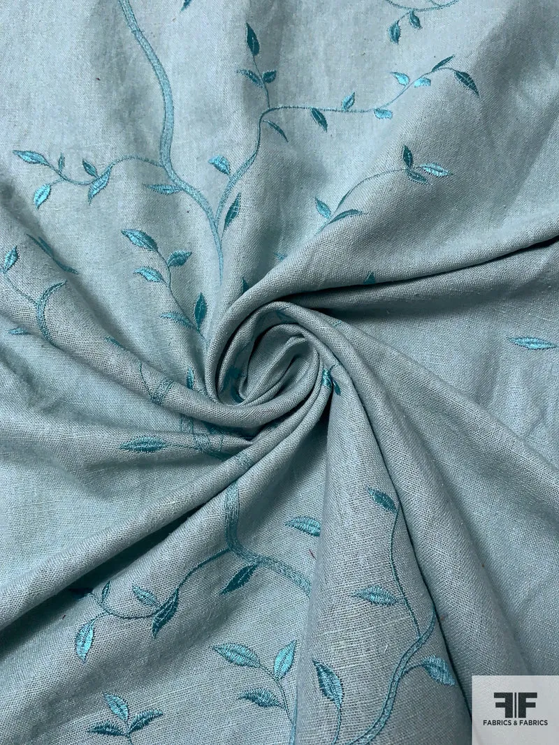 Vine Branch Embroidered Cotton-Linen - Dusty Aquamarine