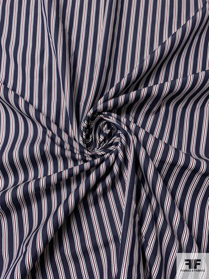 Vertical Striped Cotton Shirting - Navy / Maroon / Off-White