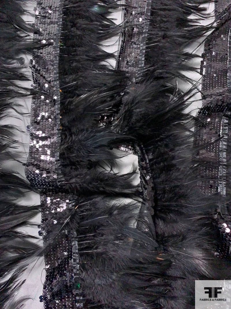 Novelty Tulle with Sequins and Feathers - Black