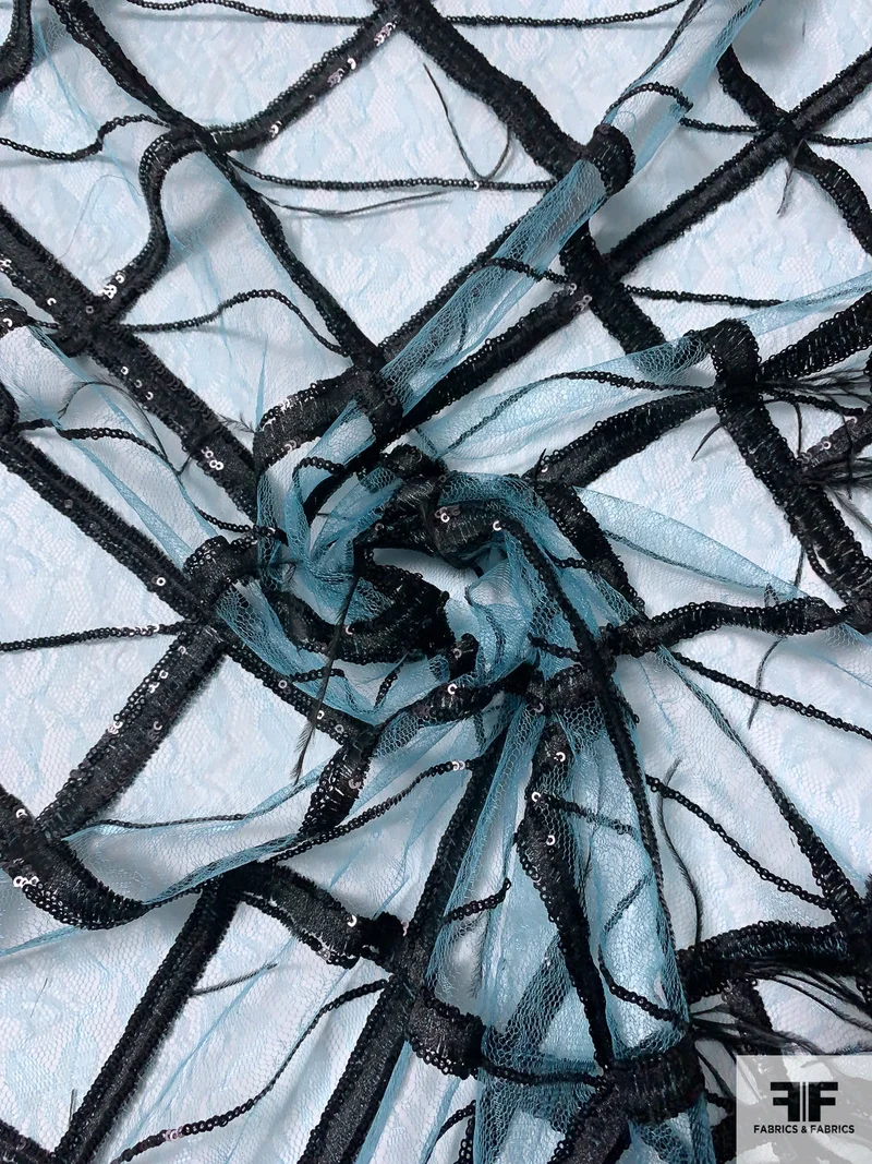 Sequined and Embroidered Tulle with Ostrich Feathers - Caribbean Turquoise / Black