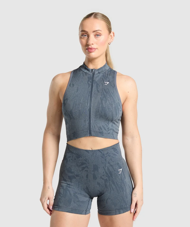 Gymshark Adapt Camo Seamless Zip Up Crop Top - Titanium Blue/Denim Grey